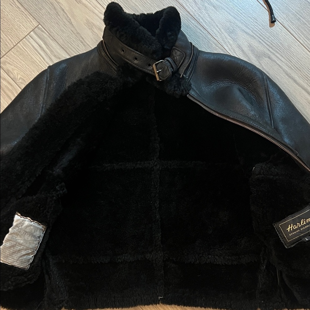 Black Shearling Leather Jacket with Removable Hood - Picture 8 of 11